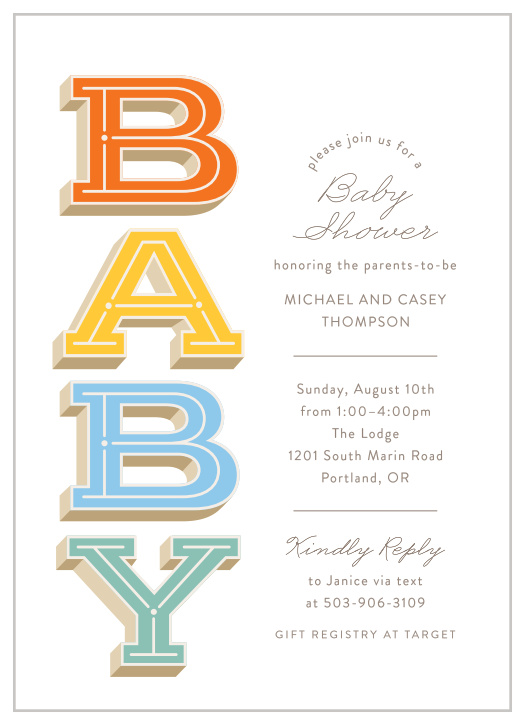 Announce your shower in classic style with our Block Letters Baby Shower Invitations.