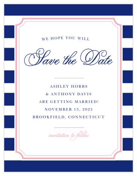 Bright yet elegant, the Preppy Stripe Save the Date Magnets are a cheerful way to announce your upcoming event.