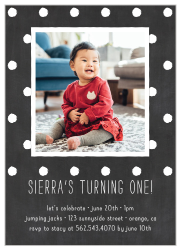 Bring close friends and family together to celebrate your little one's big day with our Chalkboard Dots First Birthday Invitations. 
