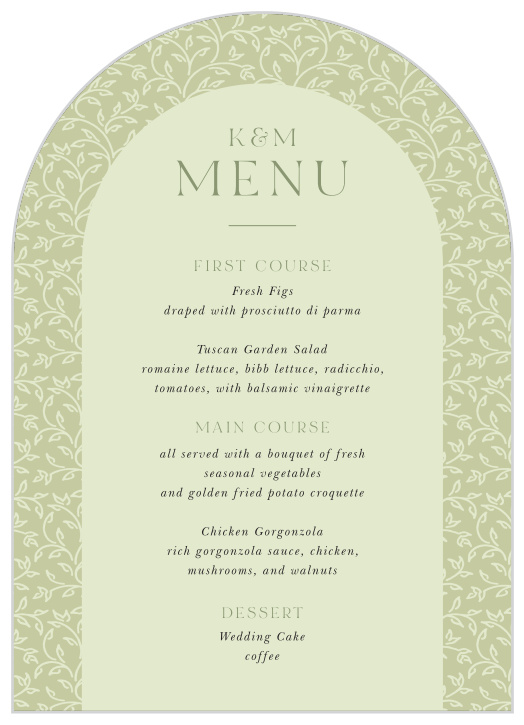 Our Botanique Elegance Wedding Arch Menus let family and friends know what mouthwatering meals will be served at your reception.
