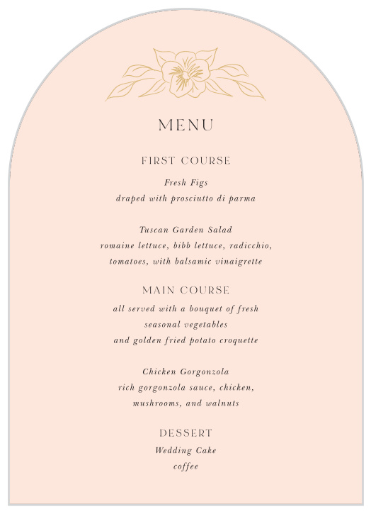 Our Petit Jardin Wedding Arch Menu describes your delicious dishes to all of the guests attending your reception.