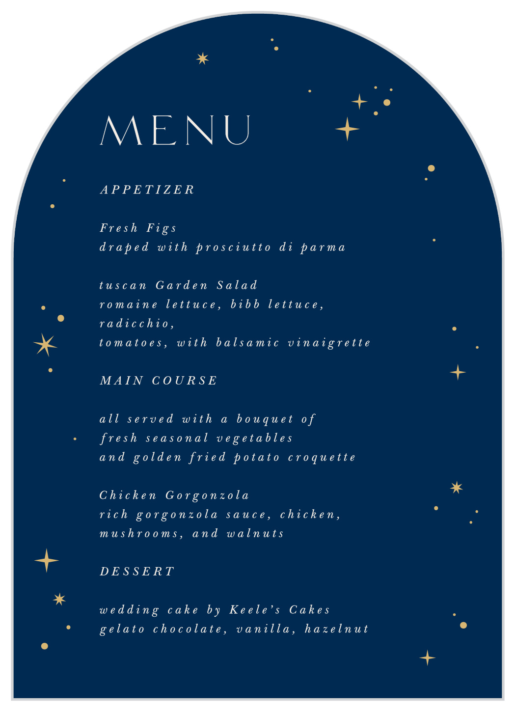 Celestial Stars Wedding Arch Menus