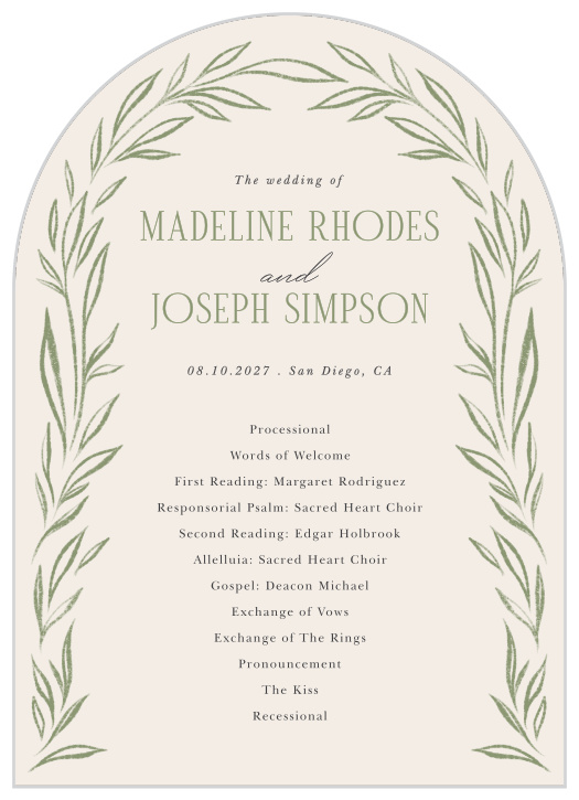 Walk family and friends through every step of your ceremony with our Charming Foliage Wedding Arch Programs.