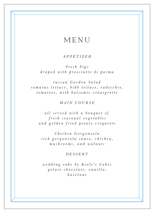 Our Soft Bevel Wedding Menus lets family and friends know what will be served at your reception.