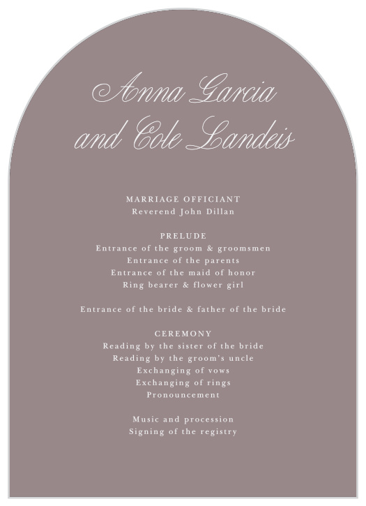 Our Scripty Monogram Wedding Arch Programs spell out every step of your ceremony to family and friends. 