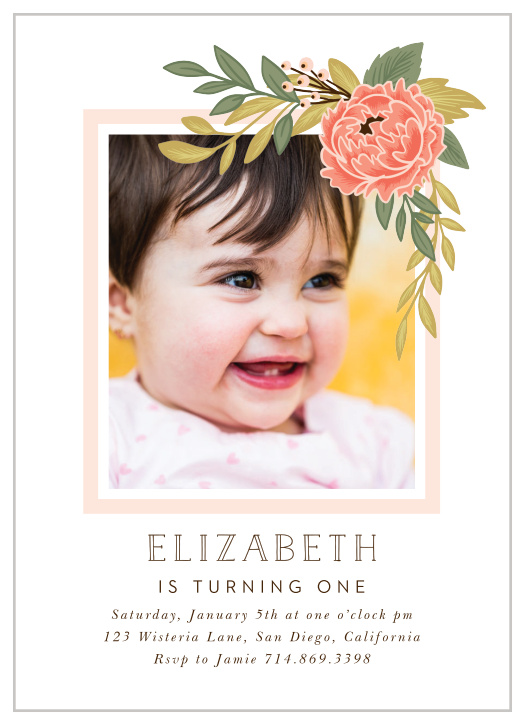 Announce your little one's big day with our Peony Wreath First Birthday Invitations. 