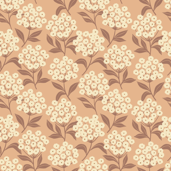 Earthy Hydrangeas Wallpaper showcases a charming floral repeat of white hydrangea clusters with soft brown leaves on a warm taupe background.