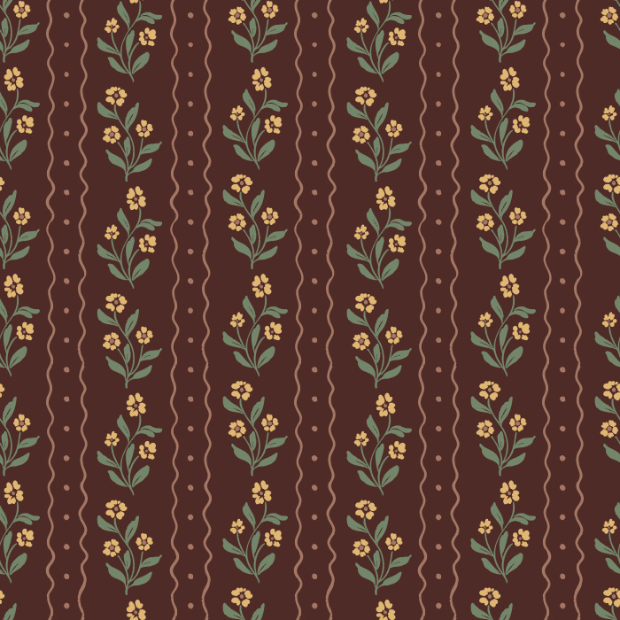 Bring a touch of vintage charm to your home with Jasmine Breeze wallpaper, featuring dainty floral bouquets and scalloped stripe accents in warm taupe and golden honey tones on a creamy background.
