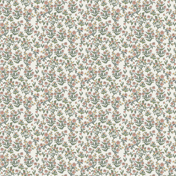 Little Garden wallpaper features a ditsy floral pattern with navy blossoms and blush accents on a warm taupe background.