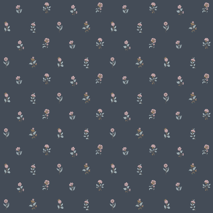 Mini Blooms wallpaper features soft pink flowers and green leaves on a deep navy background for a sweet yet sophisticated look.