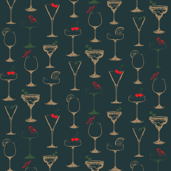 Celebrate style with our Easy Breezy wallpaper, featuring golden cocktail glasses with red accents on a deep green background.