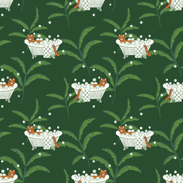 Add a whimsical twist with our Tigers & Bathtubs wallpaper, featuring playful tigers lounging in tubs among green palms.