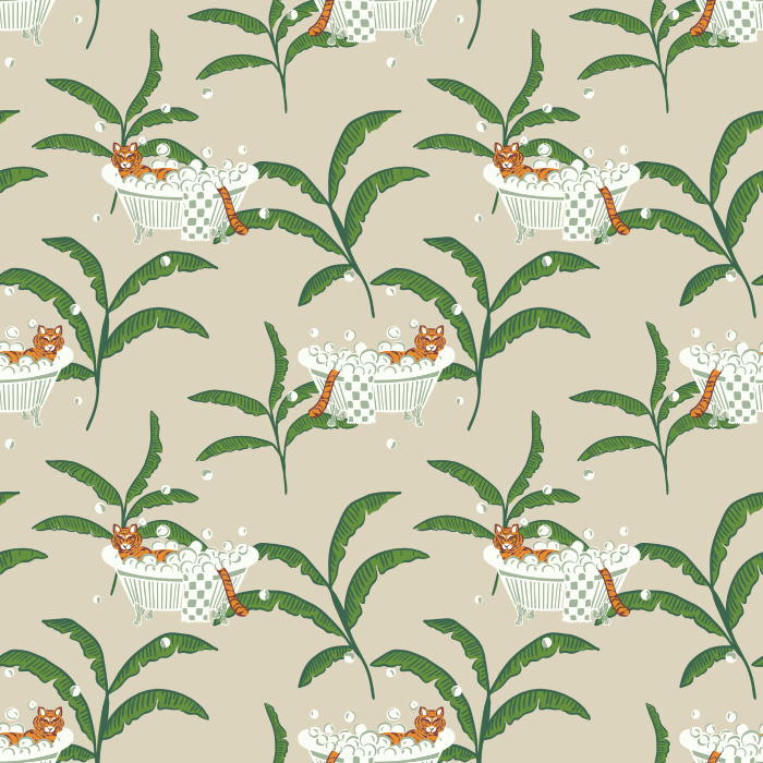Add a whimsical twist with our Tigers & Bathtubs wallpaper, featuring playful tigers lounging in tubs among green palms.