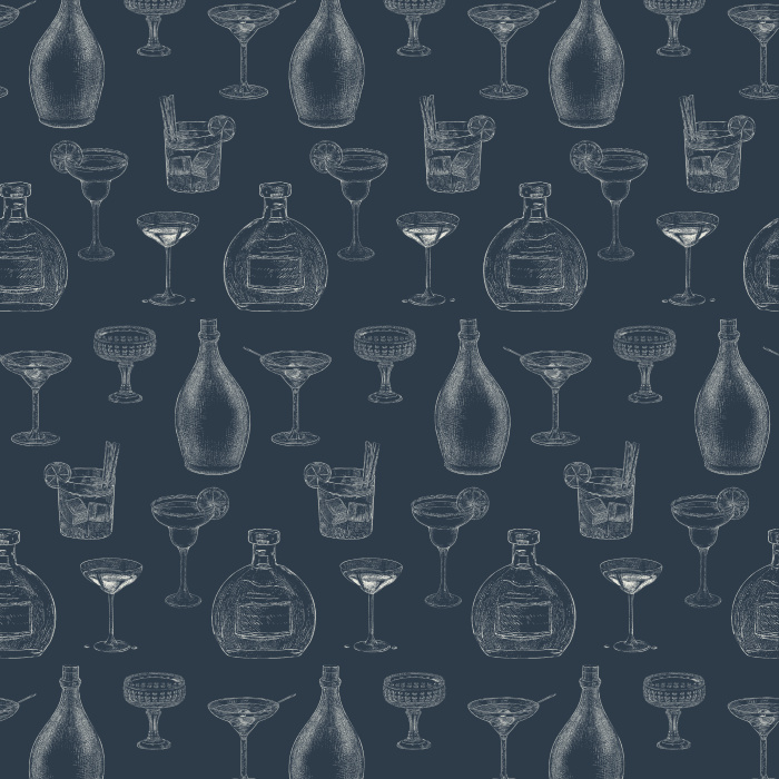 Bring retro sophistication with our Vintage Cocktails wallpaper, featuring sketch-style barware in gray on navy.