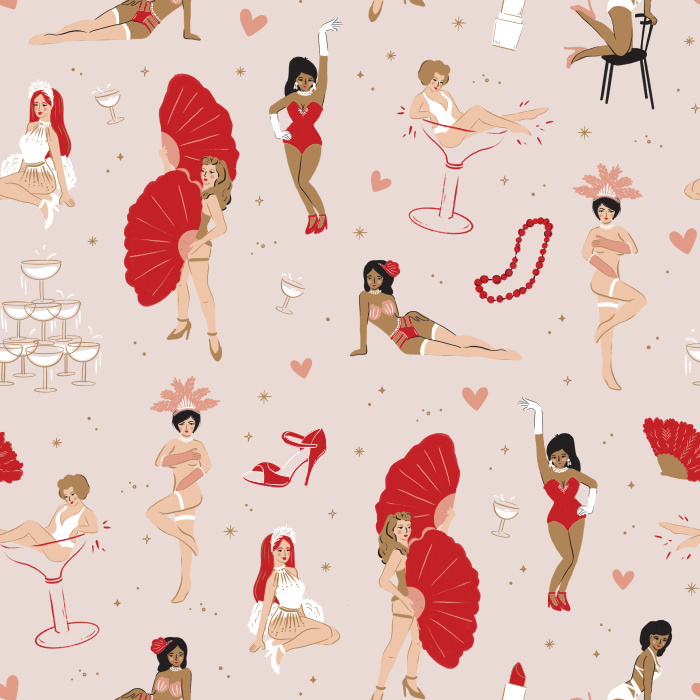 Step into vintage glamour with our Burlesque Dancers Wallpaper, featuring playful pinup dancers, red feather fans, and champagne motifs for a retro boudoir vibe.