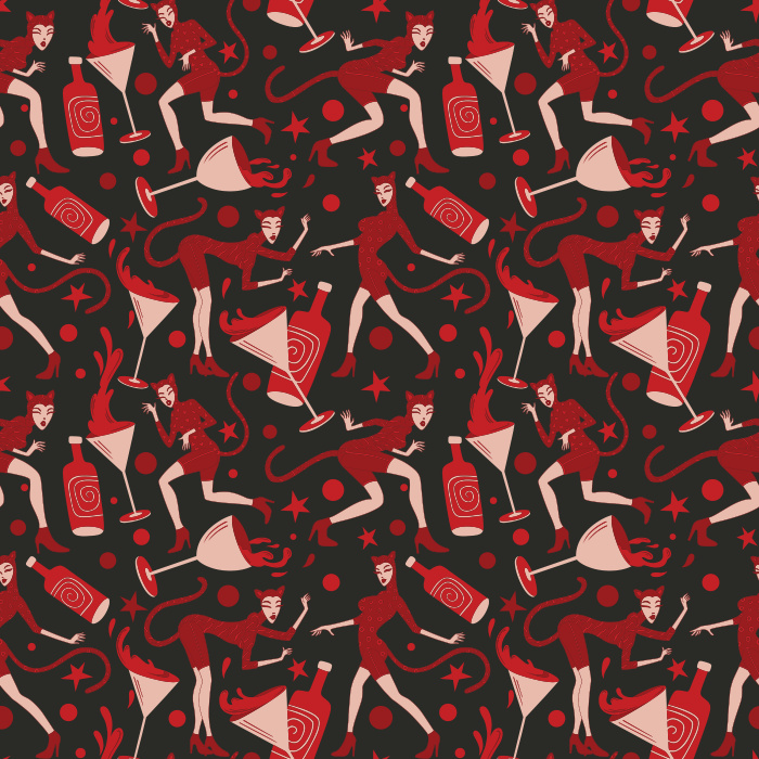 Bring bold personality to your walls with our Fine Feline Wallpaper, a playful pattern featuring stylish cats, cocktails, masks, and stars.