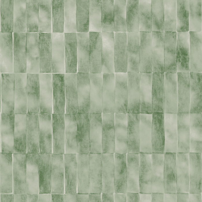 The Terra Tile Wallpaper showcases a handcrafted, artisan-inspired tile pattern in soothing sage green tones that create a fresh, organic feel.
