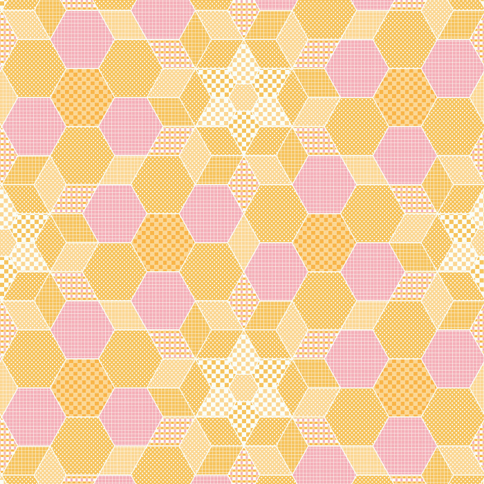 The Patchwork Meadow Wallpaper combines playful geometric charm with vintage farmhouse inspiration, featuring hexagon quilt-like shapes in warm olive, soft pink, and ivory tones.