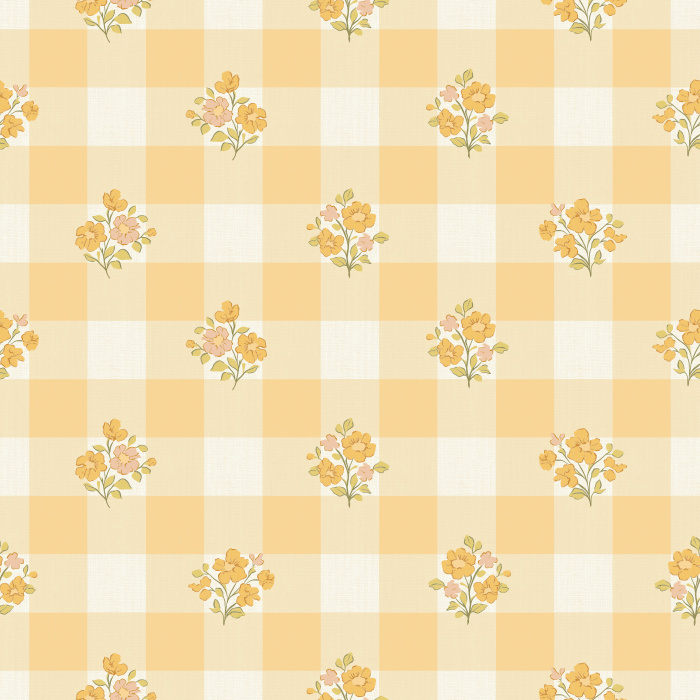 The Gingham Bloom Wallpaper blends cheerful cottage charm with vintage warmth, featuring soft yellow gingham checks adorned with dainty floral bouquets.