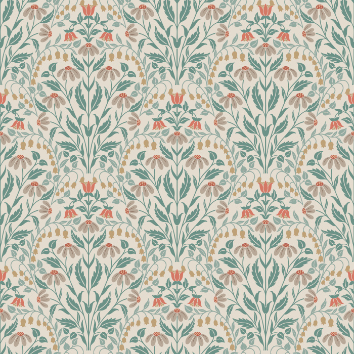 The Summer Wildflowers Wallpaper celebrates nature’s charm with a graceful botanical pattern of coral, sage, and golden florals on a warm ivory backdrop.