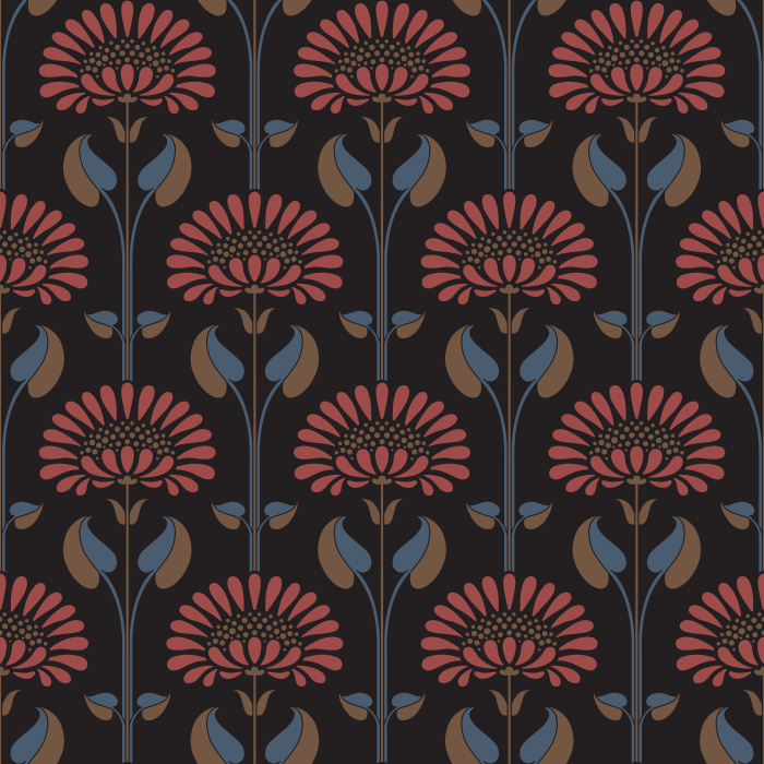 Historic Garden Wallpaper features a bold, vintage-inspired floral arrangement with stylized blossoms in warm rose tones and muted blue-gray leaves set against a dramatic black backdrop.