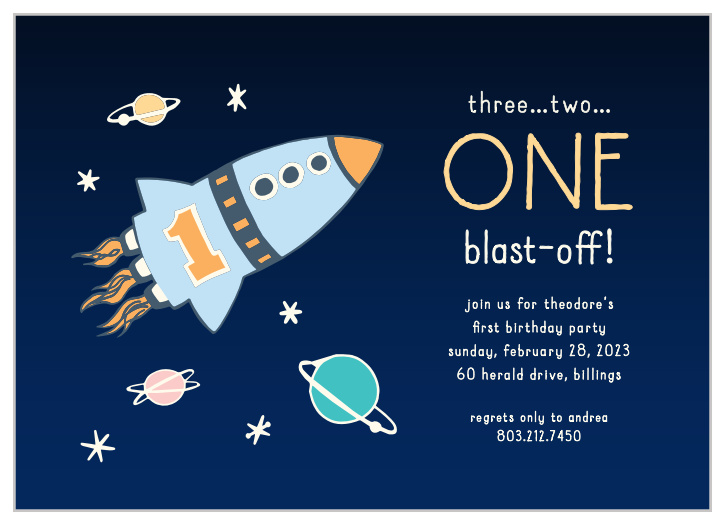 Gather close family and friends together to celebrate your little one's special day with our Spaceship Blast-Off First Birthday Invitations.