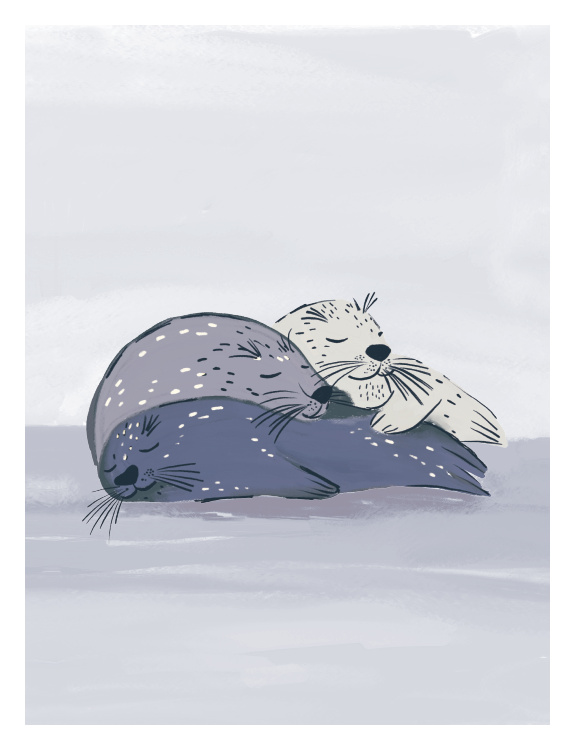 Drift into a calm coastal dream with this Seals Nap Art Print featuring two cuddling seals resting peacefully in soft, muted tones.