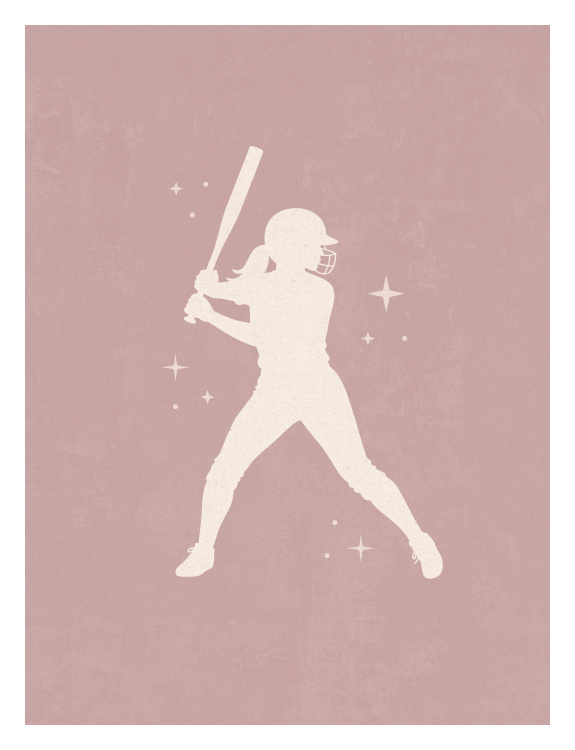 Celebrate strength and confidence with this Girls Sports Softball Art Print, featuring a bold silhouette of a young athlete mid-swing against a soft, muted pink background.
