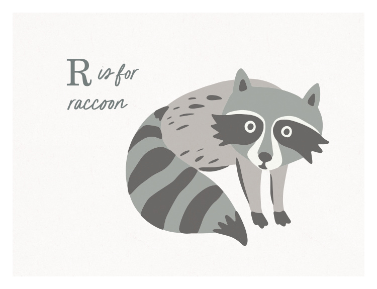 Add a playful educational touch to your space with this Animal Names Raccoon Art Print, featuring a charming illustrated raccoon paired with “R is for raccoon” lettering.