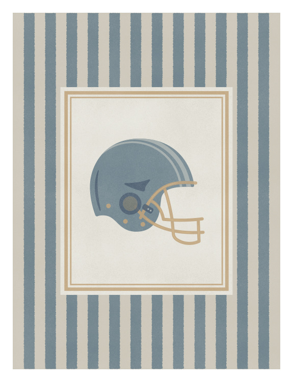 Score big style points with this Football Stripes One Art Print, featuring a vintage-inspired football helmet illustration framed by classic blue vertical stripes.