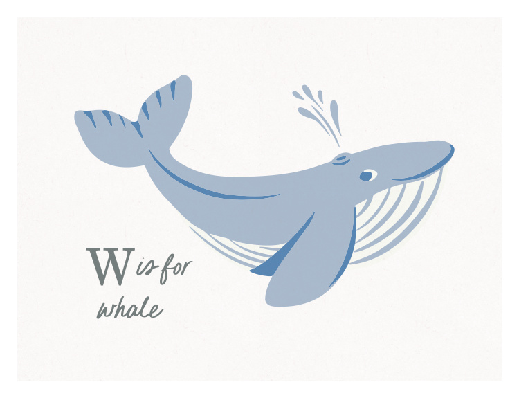 Make learning the alphabet fun with this Animal Names Whale Art Print, featuring a friendly blue whale illustration paired with “W is for whale” lettering.