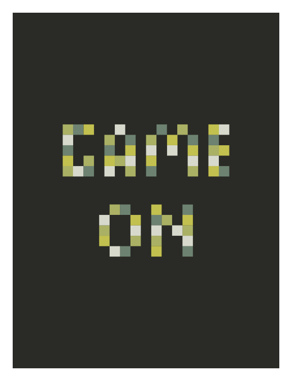 Level up your space with this Game On Art Print, featuring bold pixel-style lettering in a modern mix of green and neutral tones against a dark background.