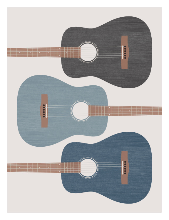 Celebrate a love of music with this Acoustic Guitar Three Art Print, featuring a collection of three illustrated acoustic guitars in coordinating blue and charcoal tones.