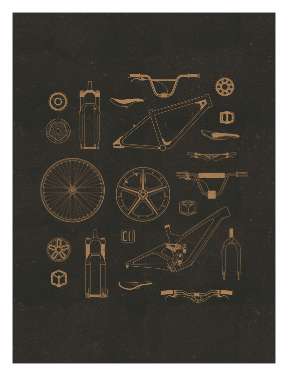 Celebrate the craftsmanship and culture of cycling with this Bike Shop Art Print, featuring an intricate collection of bicycle components arranged in a clean, technical illustration style.