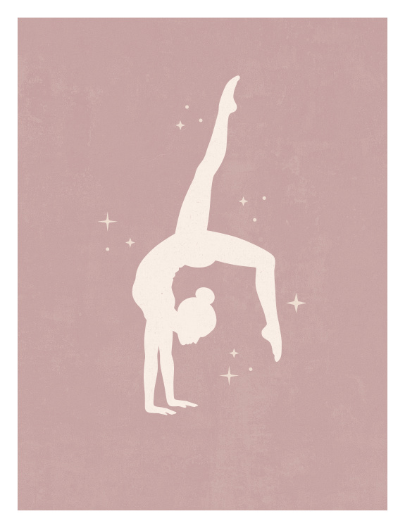 Celebrate strength, grace, and determination with this Girls Sports Gymnastics Art Print, featuring a striking silhouette of a gymnast performing an elegant handstand pose surrounded by delicate star accents.