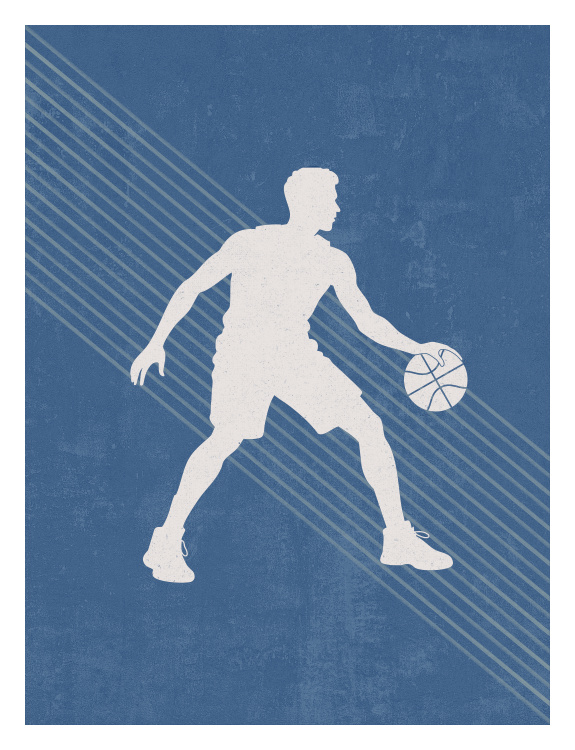 Capture the energy and excitement of the game with this Boys Sports Basketball Art Print, featuring a bold silhouette of a basketball player dribbling across a textured background accented with dynamic diagonal lines.