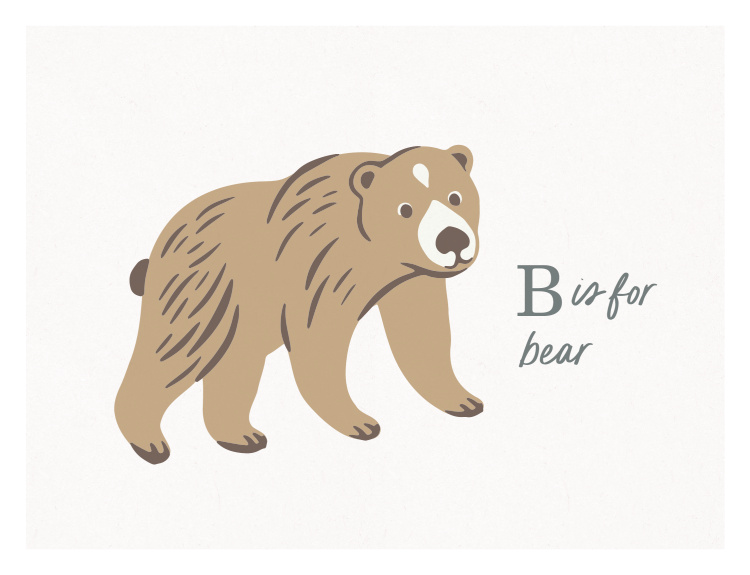 Celebrate the charm of woodland wildlife with this Animal Names Bear Art Print, featuring a friendly illustrated bear paired with an educational alphabet-inspired design.