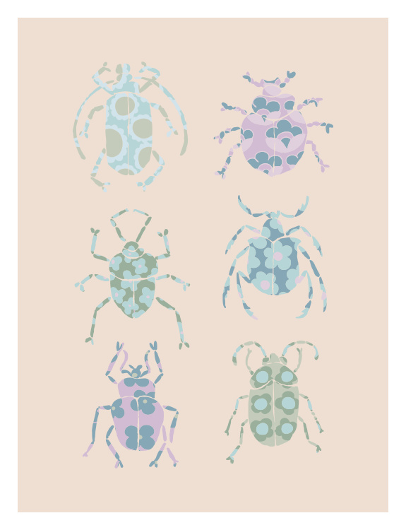 Add a playful touch of nature-inspired charm with Bright Bugs Art Print, featuring a collection of whimsical patterned insects in soft pastel hues and a cheerful illustrated style.