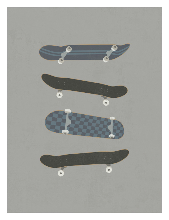 Bring skate park style to your space with this Skateboard Decks Art Print, featuring a collection of modern skateboard decks illustrated in a clean, minimalist arrangement with cool-toned colors and subtle vintage texture.