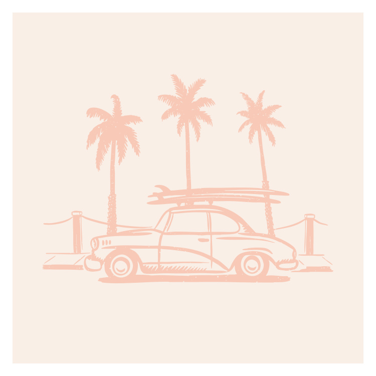 Capture the laid-back spirit of the coast with Retro Surf Beach Art Print, featuring a vintage surf wagon parked beneath swaying palm trees with a surfboard strapped on top.