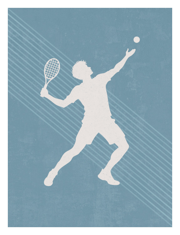 Serve up sporty style with Boys Sports Tennis Art Print, featuring a bold silhouette of a tennis player mid-serve against a textured background with dynamic diagonal stripes.