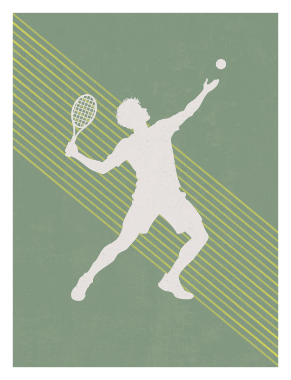 Serve up sporty style with Boys Sports Tennis Art Print, featuring a bold silhouette of a tennis player mid-serve against a textured background with dynamic diagonal stripes.