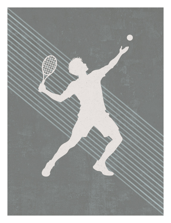 Serve up sporty style with Boys Sports Tennis Art Print, featuring a bold silhouette of a tennis player mid-serve against a textured background with dynamic diagonal stripes.