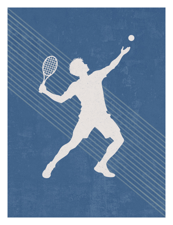 Serve up sporty style with Boys Sports Tennis Art Print, featuring a bold silhouette of a tennis player mid-serve against a textured background with dynamic diagonal stripes.