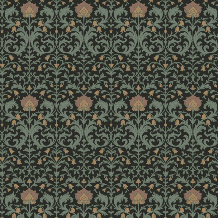 French Country Wallpaper features an intricate scrolling vine pattern with delicate floral sprigs inspired by antique French textiles, classic William Morris designs, and traditional European botanical prints.