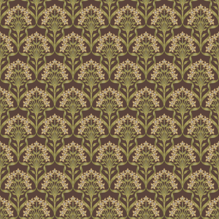 Blooming Florets Wallpaper features graceful fan-shaped clusters of delicate blossoms arranged in a repeating botanical pattern inspired by Art Nouveau design, antique block prints, and vintage floral textiles.