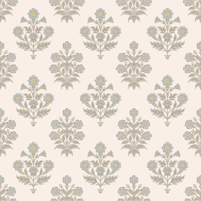 Pastel Posies Wallpaper features delicate floral bouquets inspired by traditional block print textiles, with soft blue blossoms and muted sage leaves arranged in a timeless repeating pattern.