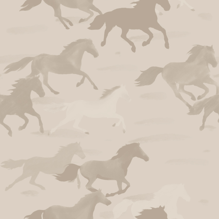 Wild Run Wallpaper captures the freedom of the open range with a painterly pattern of galloping wild horses racing across a softly textured landscape.