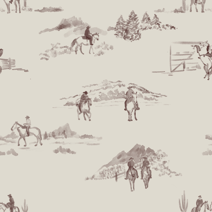 Wildwest Scene Wallpaper captures the romance of the American frontier with hand-illustrated cowboy vignettes featuring riders, ranch life, desert landscapes, mountains, and open prairie scenes.