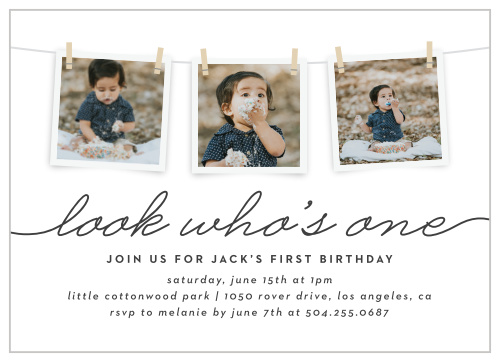 Announce your little one's big day with our Photo Clothes Line First Birthday Invitations. These adorable cards feature three of your favorite photos clothespinned to a string across the background.